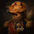 Custom royal pet portrait — golden retriever painted as a baroque military general on canvas