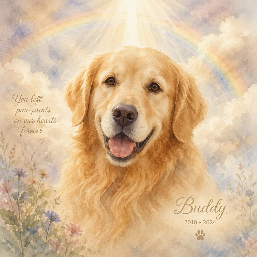 Pet memorial watercolor portrait — golden retriever in heavenly light with rainbow